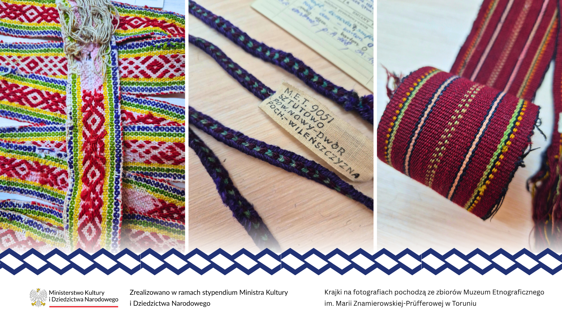 Three woven bands, close-ups
